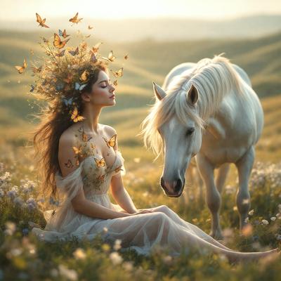 Primary subject: A woman with a flower crown sitting in a field with a white horse.

Setting/background: The woman and horse are in a grassy field, with a hill in the background.

Visual style: The image is a digital art illustration.

Colors and mood: The image has a warm and serene atmosphere, with the woman's flower crown adding a touch of natural beauty to the scene.